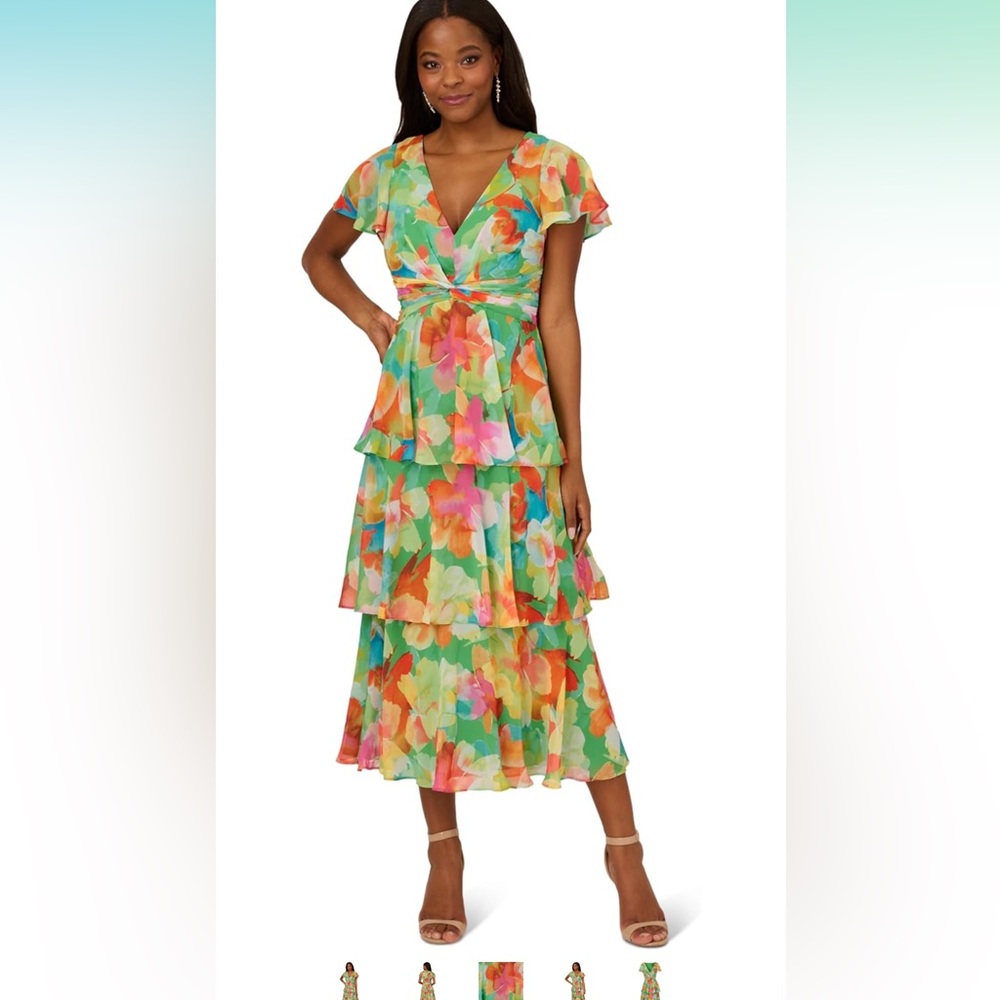 Adrianna Pappell tiered chiffon midi dress, floral multicolor, wedding guest